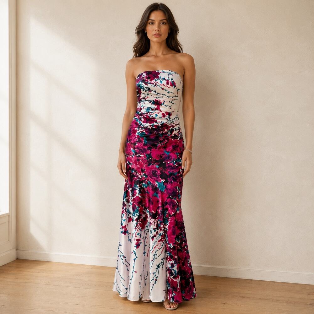 Vintage Cache Floral Strapless Satin Mermaid Gown Maxi Dress Size 6